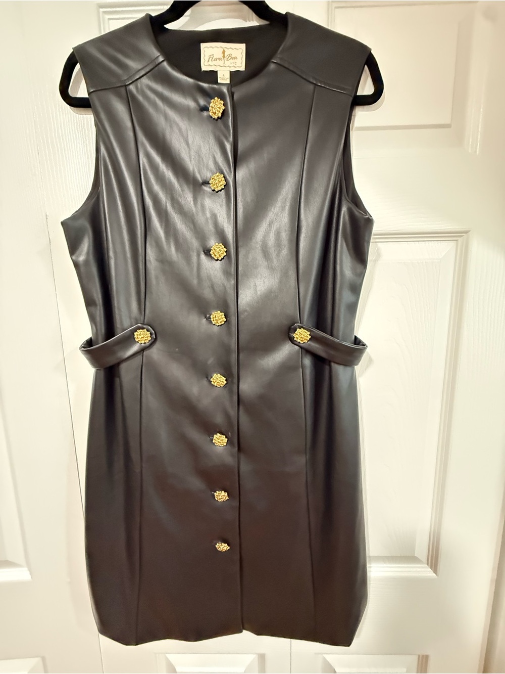 Sleeveless Faux Leather Mini Dress with Gold Buttons - Black